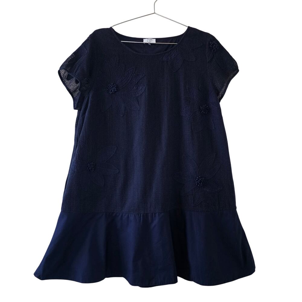Crown & Ivy Navy Blue Floral Applique Cotton Shift Dress Womans Large Petite